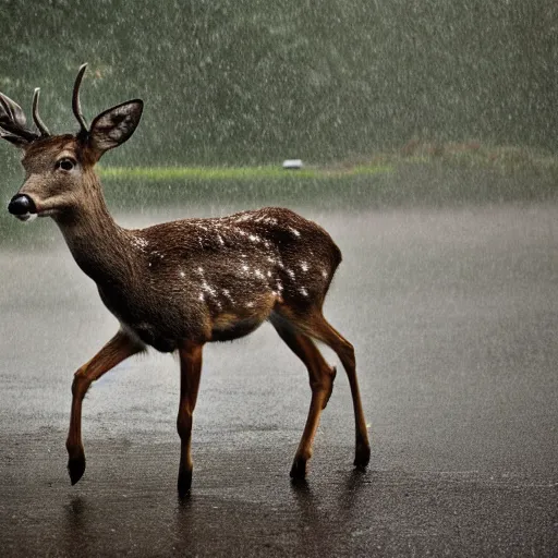 Image similar to 4 k hdr wide angle detailed portrait of a deer soaking wet standing in the rain showers during a storm with thunder clouds overhead and moody stormy lighting sony a 7