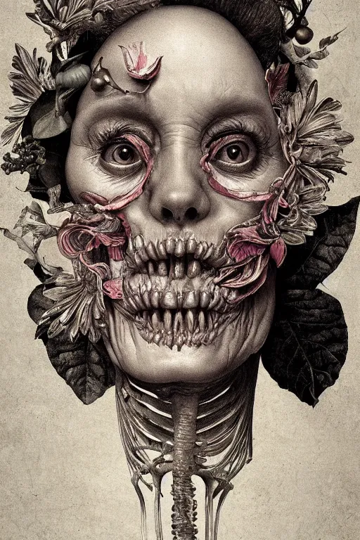 Image similar to Detailed maximalist portrait of a beautiful old woman with large lips and eyes, scared expression, botanical skeletal with extra flesh, HD mixed media, 3D collage, highly detailed and intricate, surreal illustration in the style of Caravaggio, dark art, baroque, centred in image