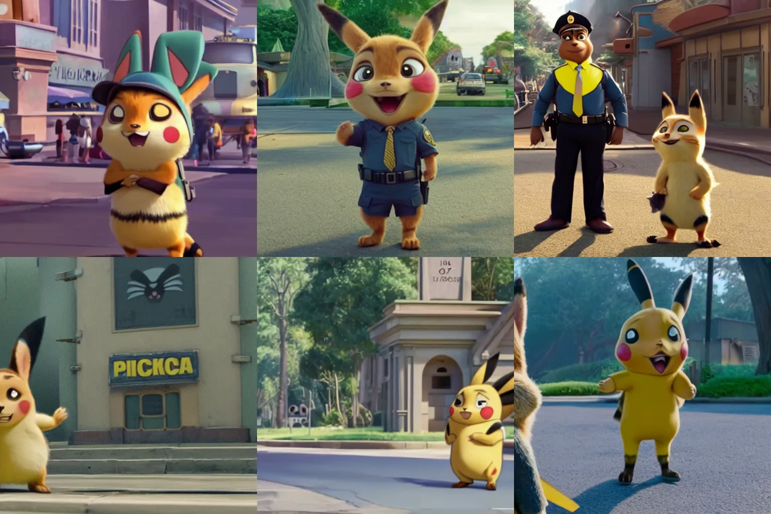 Prompt: Still of Pikachu as a cop in Disney's Zootopia (2016)