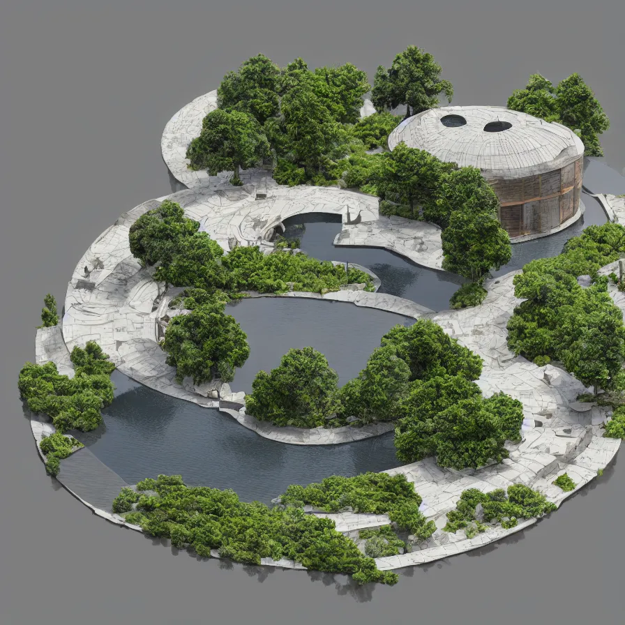 Prompt: architectural model, isometric view, 3 d render, studio lighting, low contrast, dark background, highly detailed, a circular house with circular courtyards floating on water at the sloping edge of a lake, tree