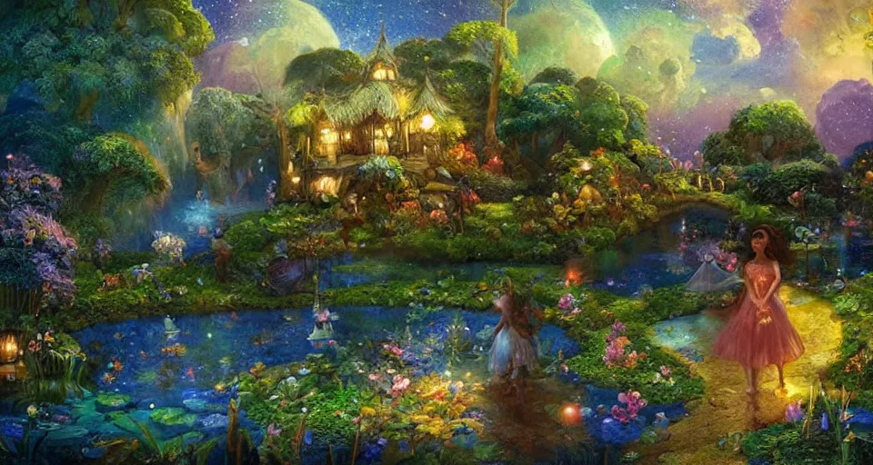 Prompt: a whimsical fairyland with a pond, starry sky, ambient lighting, fantasy art, fennando amorsolo style art