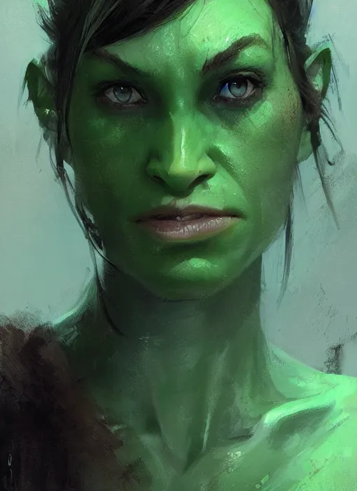 Image similar to green orc female, light green tone beautiful face, by greg rutkowski, by jeremy mann, digital painting