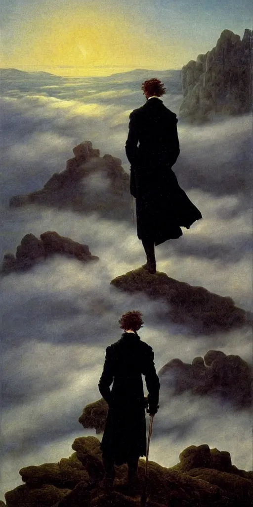 Prompt: wanderer above the sea of fog by caspar david friedrich but the wanderer has shaggy black hair, ultra detailed, one person single body