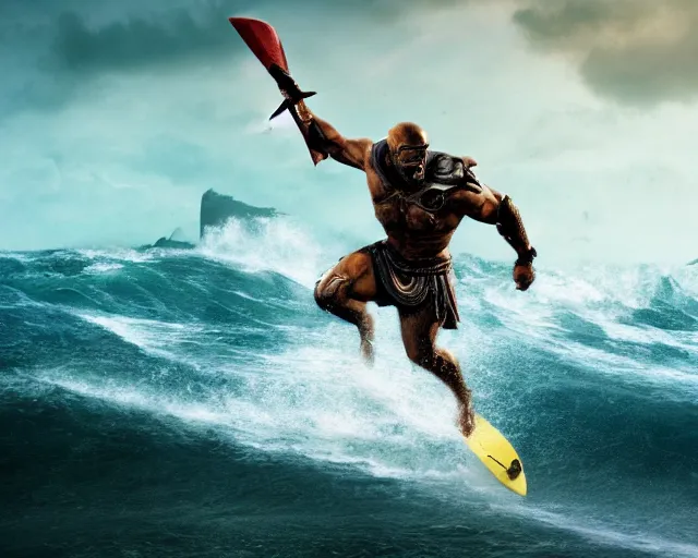 Prompt: single spartan with surfing waves, epic award winning action cinematic still from the movie 3 0 0, 8 k, global illumination, detailed face, muscles, rim highlights, hyper realistic, stunning waves, happy vibes