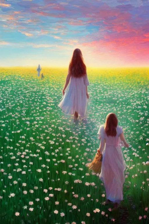 Image similar to giant white daisy flower veil face, girl walking in a flower field, surreal photography, sunrise, dramatic light, impressionist painting, colorful clouds, digital painting, artstation, simon stalenhag