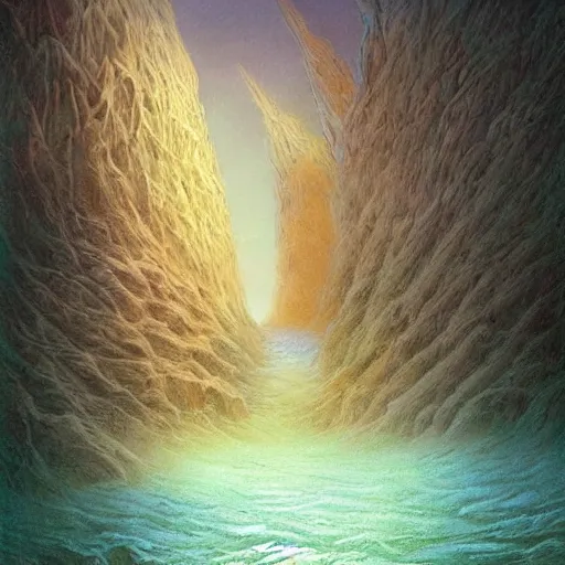 Prompt: artistic digital artwork of an epic natural scene on an alien planet. beautiful landscape by vincent bons, michael whelan, remedios varo and gerardo dottori. grainy and rough. interesting pastel colour palette. beautiful light. oil and water colour based on high quality render.