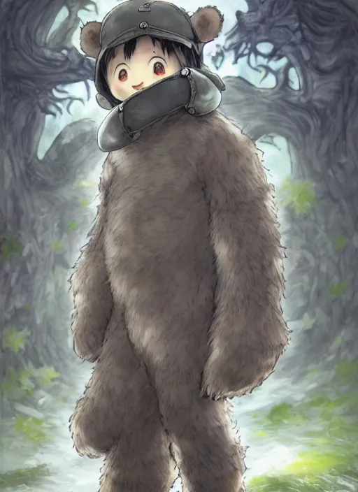 Image similar to beautiful little boy wearing an cyborg bear suit, artwork in kentaro miura and made in abyss and rosdraws, smooth, beautiful lightness, anatomically correct, trending on pixiv, forest