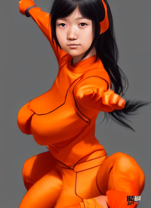 Image similar to teenage asian girl wearing an orange matte superhero costume, anime digital art, au naturel, hyper detailed, digital art, trending in artstation, cinematic lighting, studio quality, smooth render, unreal engine 5 rendered, octane rendered, art style by klimt and nixeu and ian sprigger and wlop and krenz cushart