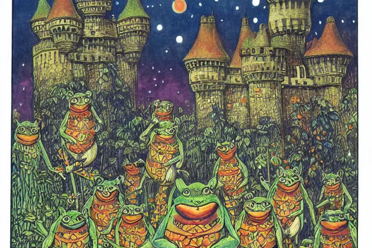 Image similar to a fantasy illustration, Castle of the frog king on Endor by Louis Wain (1920)