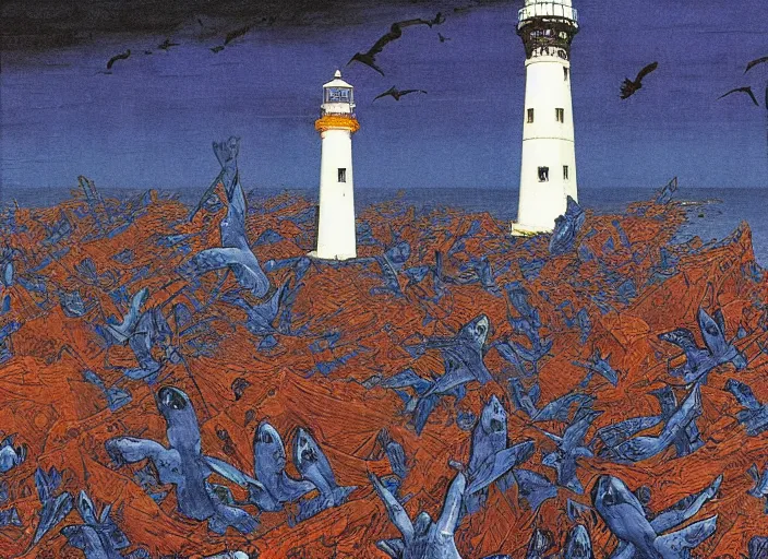 Image similar to worshippers in robes belonging to the cult of the lighthouse standing in waves with ravens flying overhead, a lighthouse, ravens, high detailed beksinski painting, part by adrian ghenie and gerhard richter. art by takato yamamoto and gerald scarfe. masterpiece, dark and moody, deep colours, blue - h 8 9 6