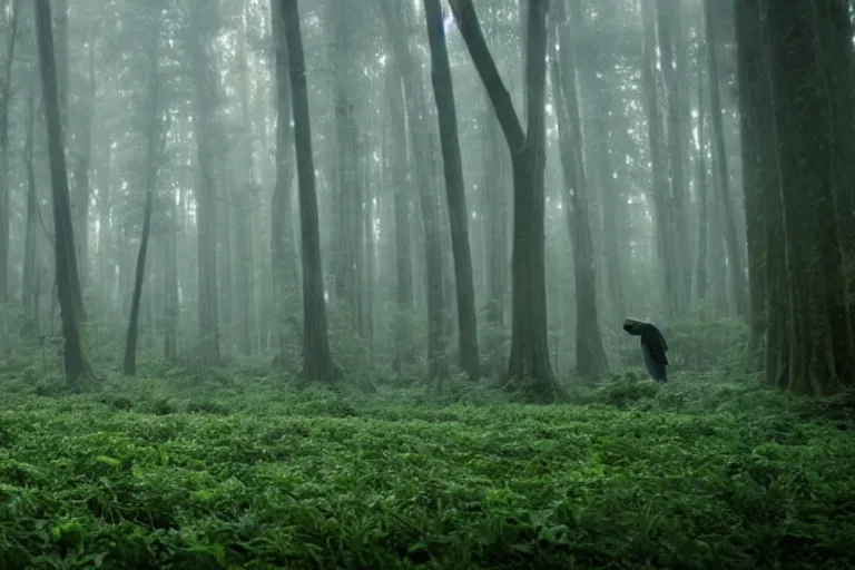 Prompt: a tourist visiting a complex organic fractal sphere floating in a lush forest, foggy, cinematic shot, photo still from movie by denis villeneuve