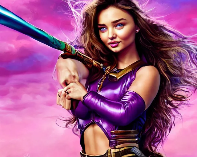 Image similar to cute Miranda Kerr in epic heroic pose with weapon, cinematic, 4k, hyper realistic, super detailed, colorful accents, purple hair, golden ratio, symmetrical face, highly detailed professional photo, centered, vray caustics, hyper realistic by Sandra Chevrier