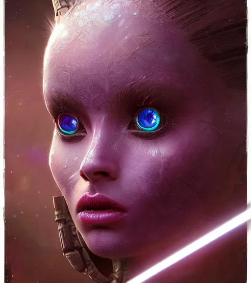 Image similar to beautiful intricate exquisite alien princess realistic face, beautiful eyes, neon colors, drawing, in the style of greg rutkowski, fantasy, amazing detail, epic, intricate, elegant, smooth, sharp focus