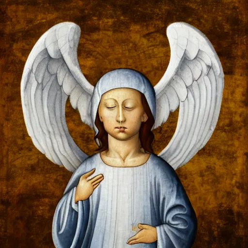 Prompt: realistic medieval painting portrait of white angel with clean narrow face like noface, 3 / 4, miracle light coming up from the head up and up, misty space, grace and blessing, sfumato effect, by by bill stoneham, renaissance, christianity, marble stone, glow effect, white background