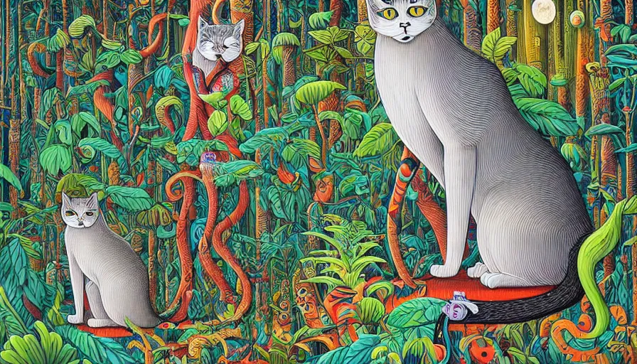 Prompt: highly detailed contemporary acrylic painting of really tall sitting cats by joe fenton, thick brush strokes and visible paint layers, dense overgrown forest background, vivid pastel color scheme