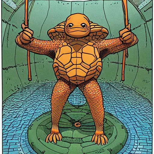 Image similar to anthropomorphic turtle hero by moebius