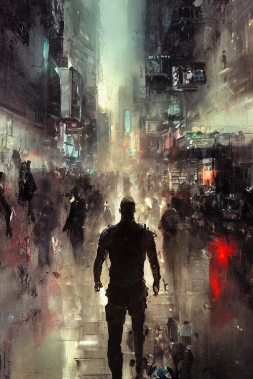 Image similar to full body portrait of Jesus as a cyborg walking through a crowded futuristic city street as the people part around him, by Jeremy Mann, stylized, detailed, realistic, loose brush strokes, dark tones, neon hue, intricate