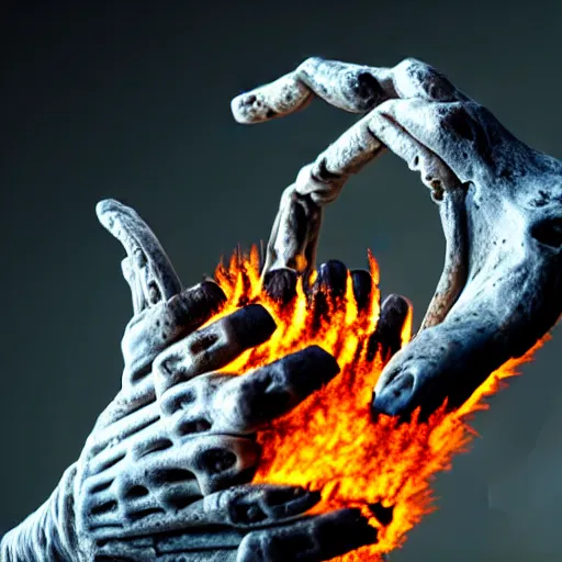 Prompt: photograph of a rotten damaged hand holding up a burning human skull with scorch marks on it, photorealistic, hyperdetailed, volumetric light, cinematic, f 8 aperture, orange rim lighting