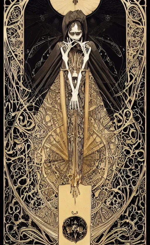 Image similar to a skeleton in a black cloak, highly detailed, very intricate, art nouveau, gold filigree, left right symmetry, tarot concept art watercolor illustration by mandy jurgens and alphonse mucha and alena aenami, featured on artstation