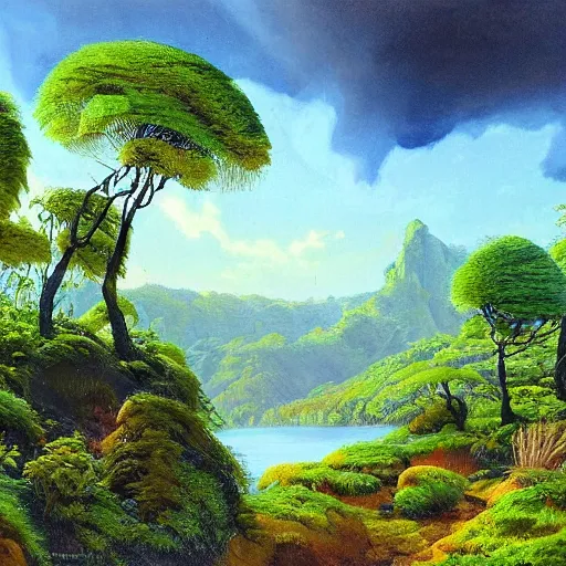 Image similar to painting of a lush natural scene on an alien planet by igor grabar. beautiful landscape. weird vegetation. cliffs and water.