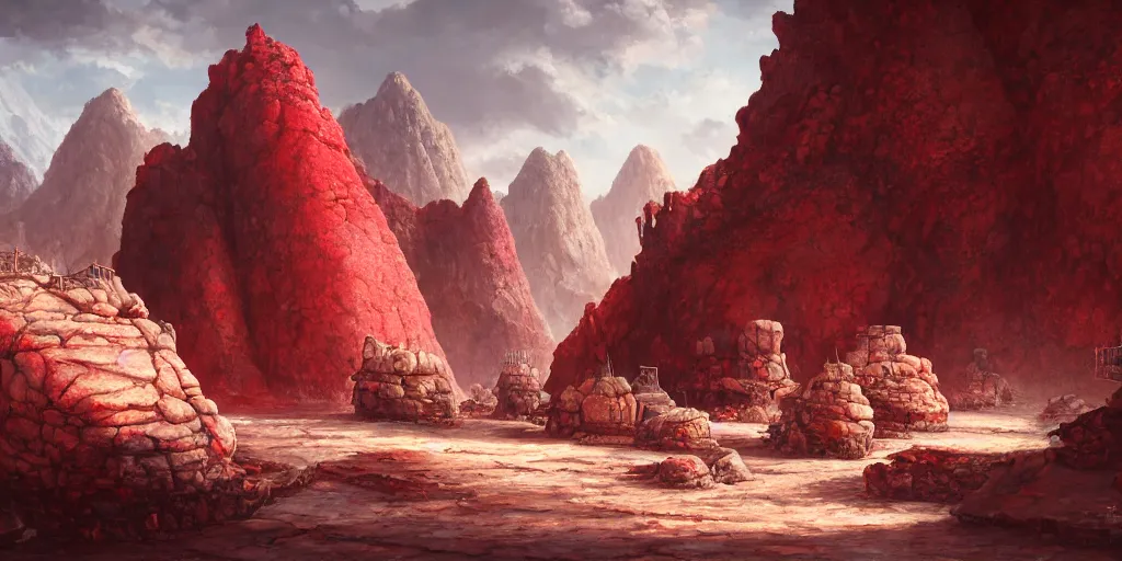 Image similar to a naturally reddened outcropping of stone juts out of the salted crag, matte oil painting, colored merchant tents, retrofuturistic science fantasy, rpg, epic, extremely detailed, sharp focus, 4 k