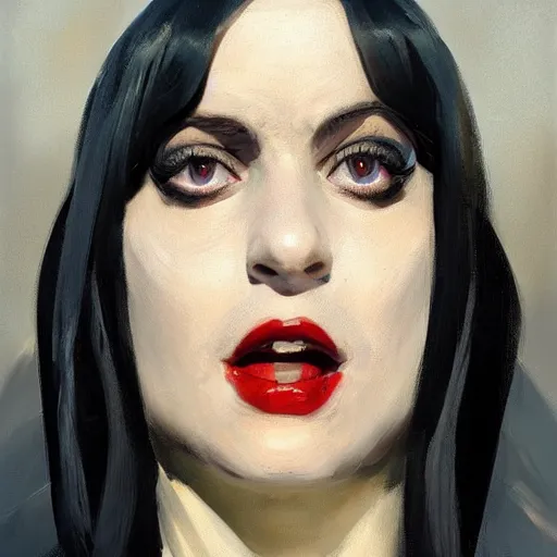 Prompt: greg manchess portrait painting of wednesday from addams family as overwatch character, medium shot, asymmetrical, profile picture, organic painting, sunny day, matte painting, bold shapes, hard edges, street art, trending on artstation, by huang guangjian and gil elvgren and greg rutkowski