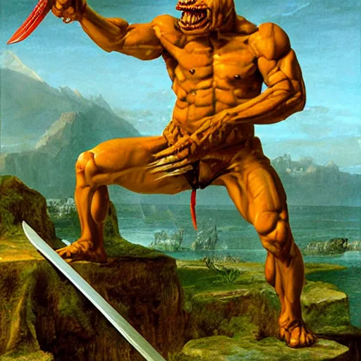 Image similar to dog - faced muscular goblin, ugly face, lizard tail, holding scimitar made of bone, scimitar, sword, jagged sword, curved sword, orkish sword, colorized, green skin, red sky, wasteland, hyper - detailed, primeval fantasy, prehistoric fantasy, art by jacques - louis david