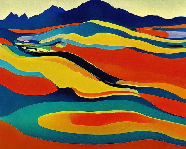 Image similar to A wild, insane, modernist landscape painting. Wild energy patterns rippling in all directions. Curves, organic. Saturated color. Mountains. Clouds. Rushing water. Wayne Thiebaud.