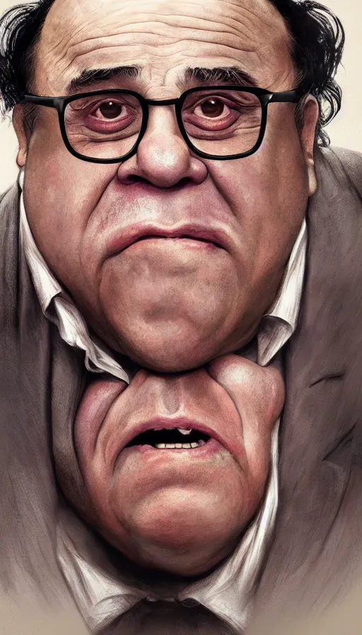 Prompt: danny devito, passionate, seductive, expressive, charismatic, very sweaty, intricate fashion clothing, insane, intricate, highly detailed, digital painting, artstation, concept art, surrealistic, smooth, sharp focus, illustration, unreal engine 5, 8 k, art by artgerm and greg rutkowski and alphonse mucha