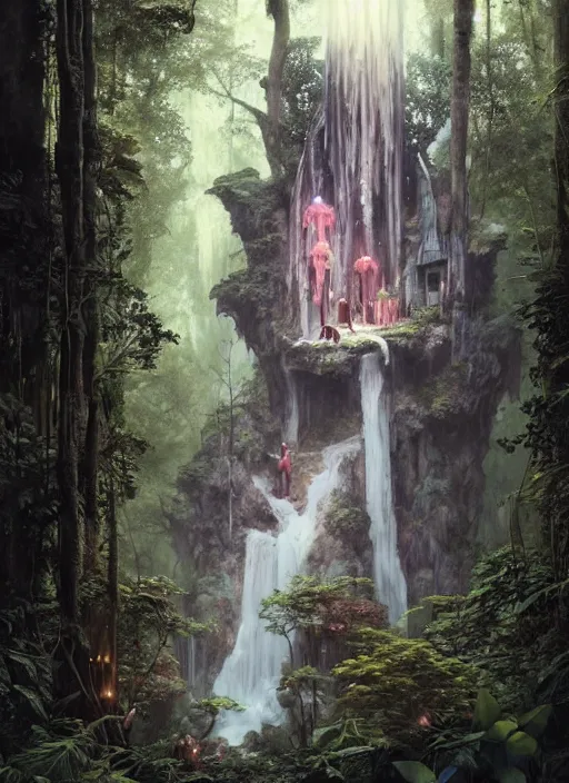 Image similar to a hyper realistic architectural witch shrine under a waterfall in the woods, gorgeous lighting, lush forest foliage, painting by chiara bautista and tom bagshaw, muca beksinski and norman rockwell and greg rutkowski weta studio, and lucasfilm