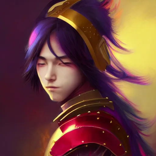 Image similar to colorful and Festive Captivating teenager boy with straight indigo japanese hair, purple eyes, red eye markers, wearing japanese traditional combat clothes with golden armor pieces. rich vivid colors, ambient lighting, dynamic lighting, 4k, atmospheric lighting, painted, intricate, highly detailed by Charlie Bowater