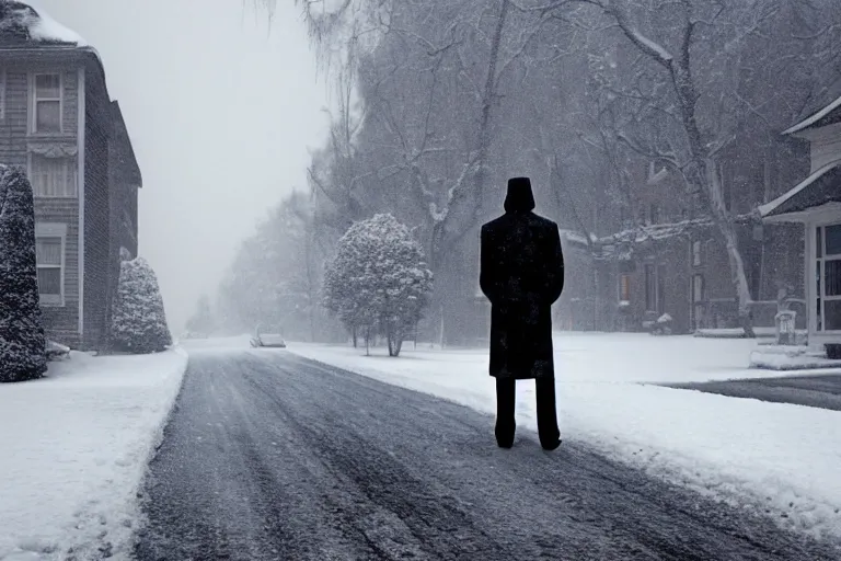 Image similar to Mysterious man standing in the middle of a snowy street photo by Gregory Crewdson,