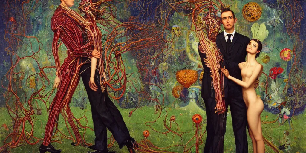 Image similar to two lovers wearing a suit made of nervous system, channeling third eye energy, surrounded by a background of cyber mystic garden of earthly delights, painted part by wojciech siudmak, part by ilya repin, part by norman rockwell, part by zhang jingna, artstation