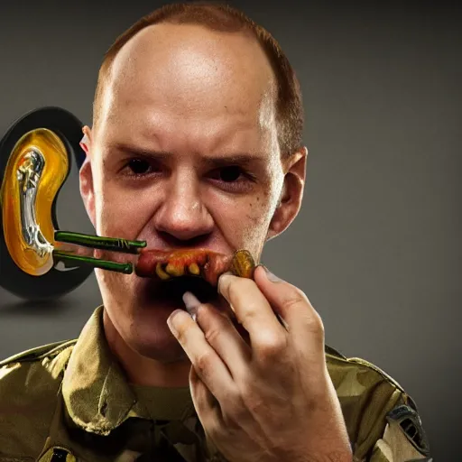 Image similar to a soldier eating an uranium fuel rod, photorealistic, 4k,