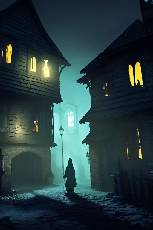 Prompt: a dark haunted village at night with glowing windows, shadows being casted, and silhouettes in the door way, hyper realistic, ambient lighting, concept art, intricate, hyper detailed, smooth, dynamic volumetric lighting, octane, raytrace, cinematic, high quality, high resolution, 4 k, artstation