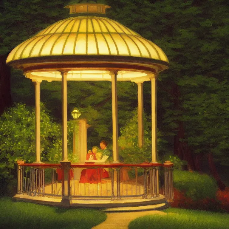 Prompt: a storybook illustration of a beautiful cozy moonlit gazebo, fireflies, quiet night foggy scene painted by Edward Hopper masterpiece, intricate, elegant, fantasy, highly detailed, digital painting, concept art, sharp focus, artstation