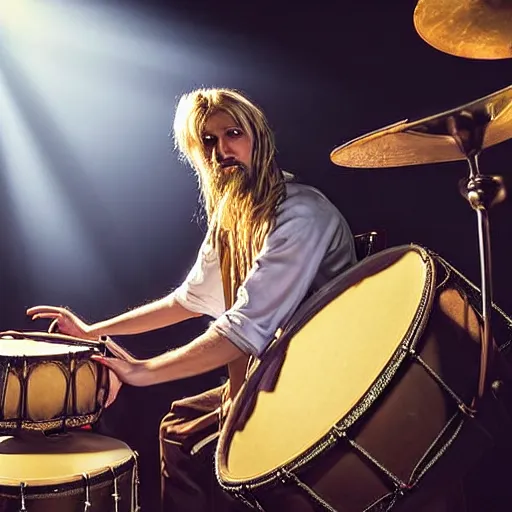 Prompt: award winning photograph of a blonde man with a goatee and long hair plays an amazing drum set, dramatic lighting,