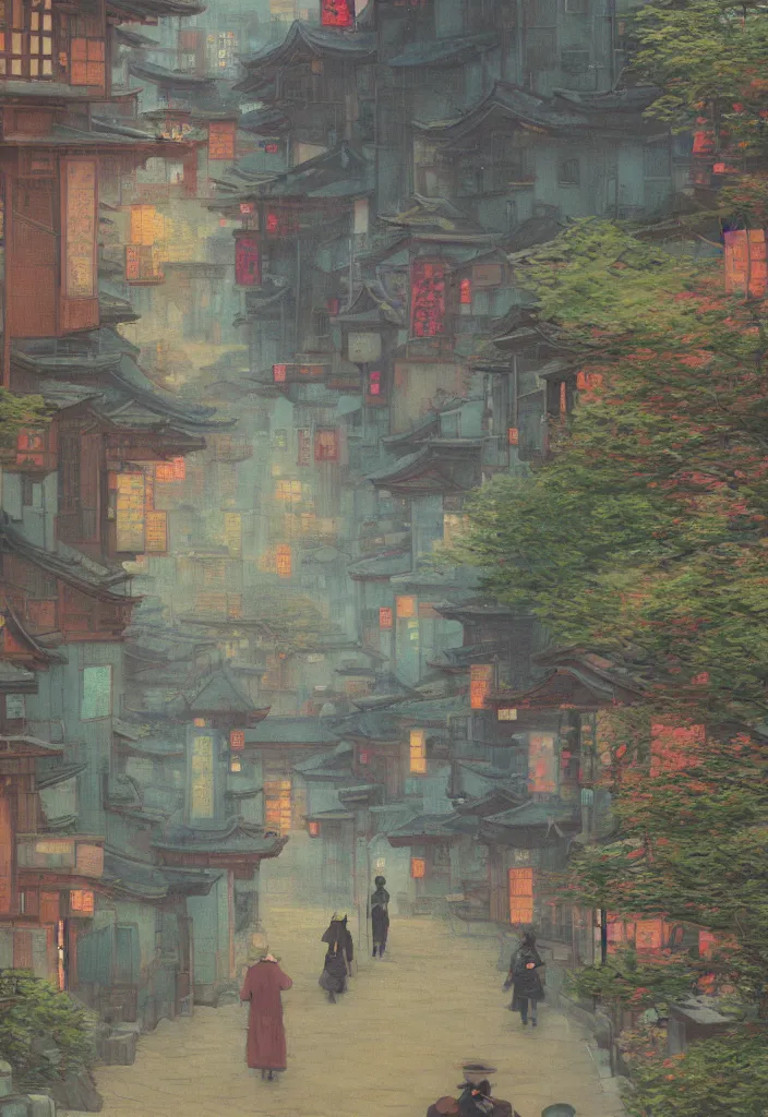 Image similar to a beautiful japanese city in the mountain, amazing ryokans and gorgeous edo era houses, fantastic non human character, epic cyberpunk, lofi vibe, colorful, vivide colors, amazing light, light beams with dust, really mesmerizing nature, by jeremy lipkin, by claude monet, by makoto shinkai, kandinsky touches, inspired by ghibli, masterpiece, beautiful