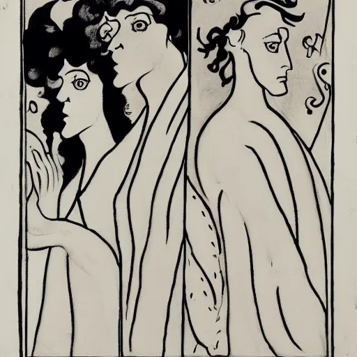 Image similar to four horsemen of the apocalypse, aubrey beardsley