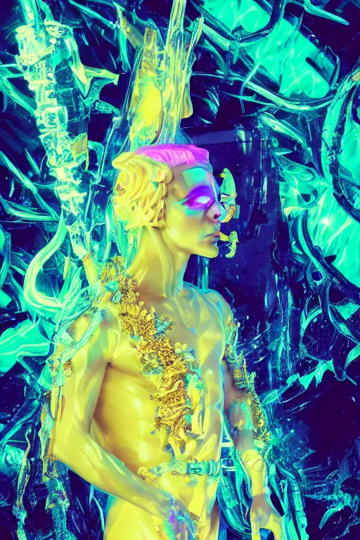 Prompt: photo of fullbody rococo and cyberpunk delicate neon crystalline sculpture of seductive muscular onyx albino marble prince joe jonas teal iridescent humanoid deity wearing yellow plastic hooded cloak holding an onyx skull in a onyx space dungeon, reclining, glowing yellow face, crown of white diamonds, cinematic lighting, photorealistic, octane render 8 k depth of field 3 d