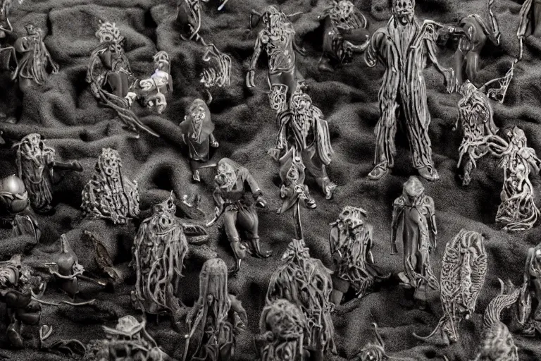 Image similar to miniature figurines of lovecraft's elder gods, detailed, tilt shift, product photography
