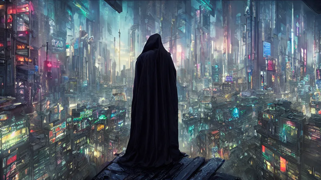 Prompt: a cloaked figure standing on the roof of a building in a cyberpunk city overlooking the entire city, extravagant matte painting, highly detailed oil painting, 8k, devastatingly beautiful atmosphere, elegant cinematic cyberpunk art, overwhelming depth and detail, vibrant neon colors, intricate masterpiece