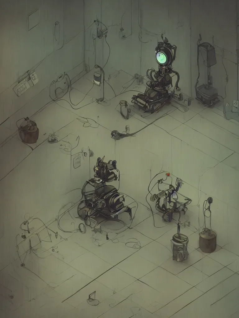 Image similar to insight in an empty room with a singular old mechanical empatic robot sitting lonely and sad in the corner, wide angle photography, cinematic, dim light, small spot light on robot, small depth of field, fresh colors, Esao Andrews, sharp focus, fresh colors, deviantart, conceptart