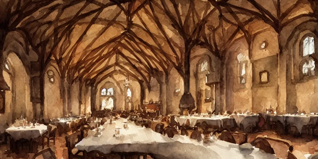 Image similar to medieval dining hall, exquisite sharp masterpiece watercolor painting, trending on artstation