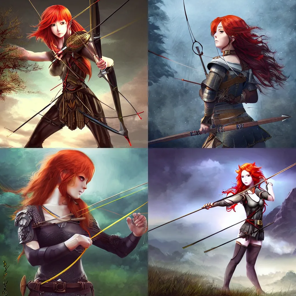 Prompt: A redheaded female archer with lightweight armor, pulling her bow and aiming at her target, standing at the top of a hill. Dark fantasy anime, digital painting by WLOP. Crystal armor.