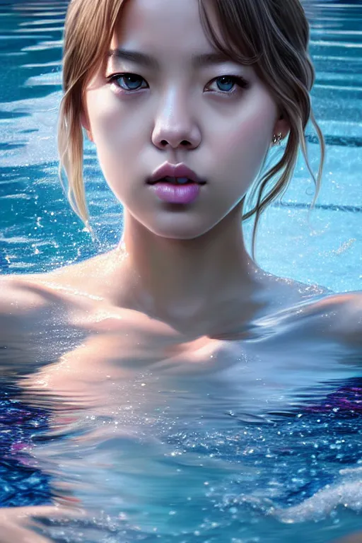 Image similar to beautiful half body digital painting of lalisa, face emerging from pool of water with high detail, 8 k, stunning detail, photo by artgerm, greg rutkowski and alphonse mucha, unreal engine 5, 4 k uhd