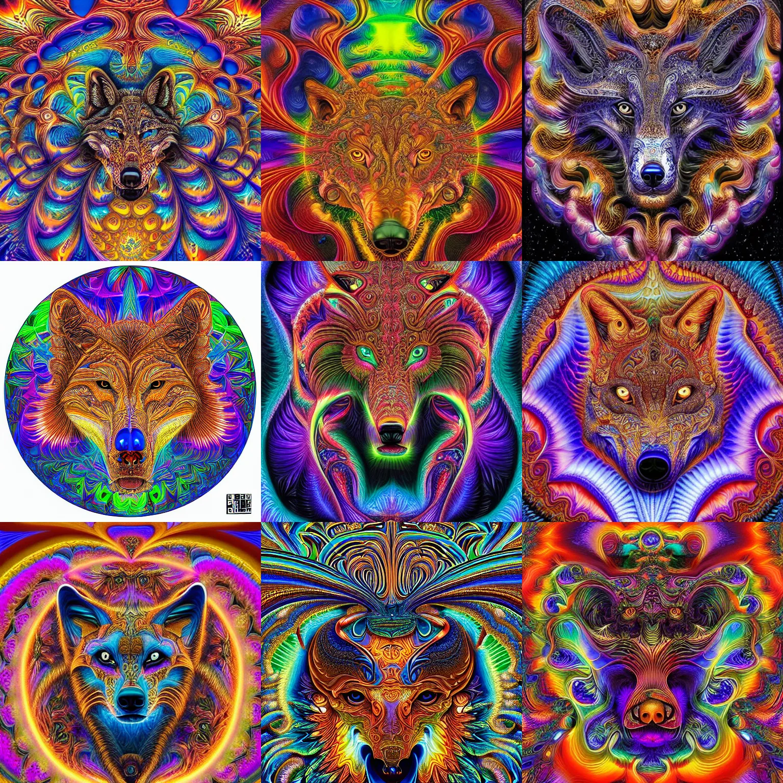 Prompt: a intricate ornate psychedelic 3 d image of a wolf head opening into a fractal universe, digital art by alex grey, dan mumford, felix kelly, artgerm, psychedelic art, psychedelic, fractalism, fractals, artstation, detailed, art, hyper realism, hyper detailed, cgsociety, ue 5, hd, 3 d