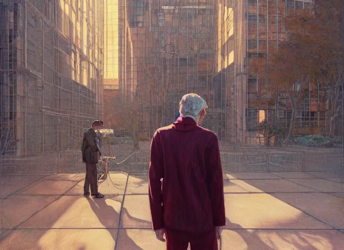 Image similar to portrait of man outside office building, bright ground, cynical realism, painterly, yoshitaka amano, miles johnston, moebius, beautiful lighting, miles johnston, klimt, tendrils, in the style of, louise zhang, victor charreton, james jean, two figures