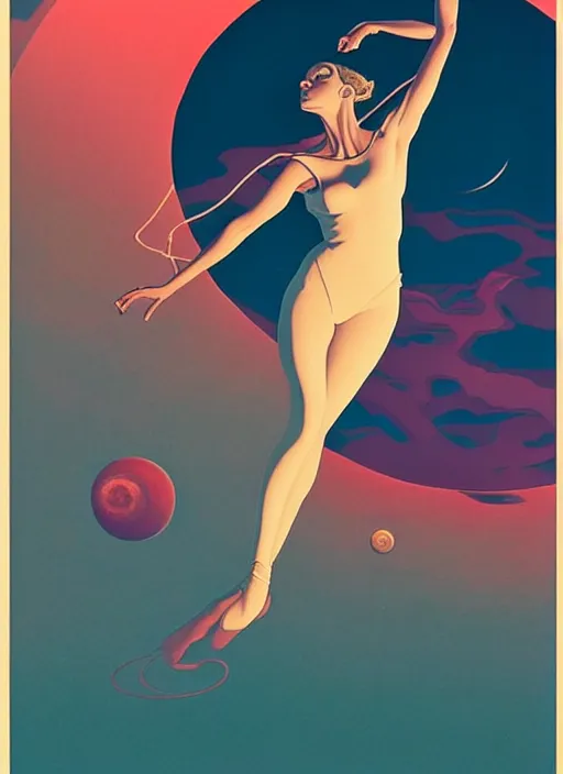 Image similar to poster artwork by michael whelan and tomer hanuka, portrait of beautiful sensual dancer in the clouds of jupiter, clean, art deco