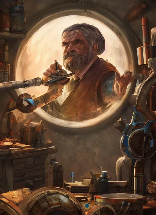 Image similar to An epic fantasy comic book style portrait painting of a an old tinker fat man working on a device in his workshop in the style of the wheel of time, unreal 5, DAZ, hyperrealistic, octane render, cosplay, RPG portrait, dynamic lighting